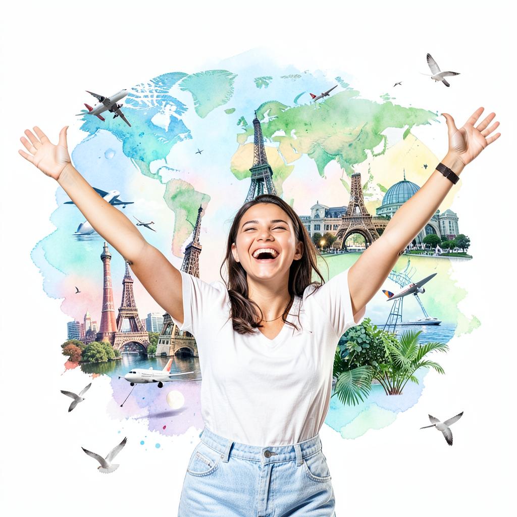 Traveller celebrating with world landmarks illustrated behind her